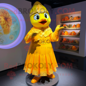 Yellow Mandarin mascot costume character dressed with a A-Line Dress and Rings
