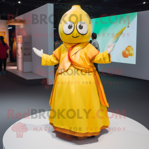 Yellow Mandarin mascot costume character dressed with a A-Line Dress and Rings