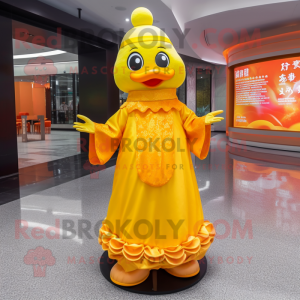 Yellow Mandarin mascot costume character dressed with a A-Line Dress and Rings