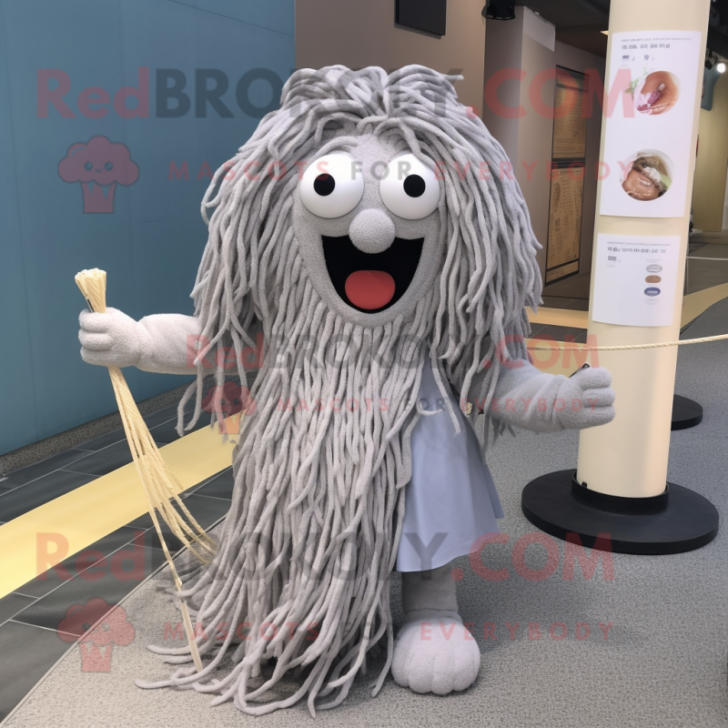 Gray Spaghetti mascot costume character dressed with a Mini Dress and Keychains