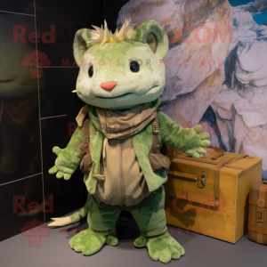 Green Axolotls mascot costume character dressed with a Cargo Pants and Shawl pins