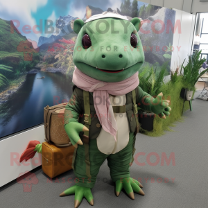 Green Axolotls mascot costume character dressed with a Cargo Pants and Shawl pins