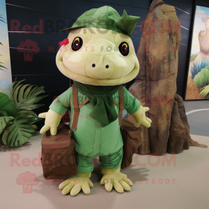 Green Axolotls mascot costume character dressed with a Cargo Pants and Shawl pins