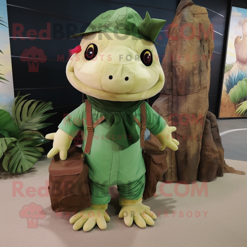 Green Axolotls mascot costume character dressed with a Cargo Pants and Shawl pins Green Axolotls mascot costume character dressed with a Cargo Pants and Shawl pins