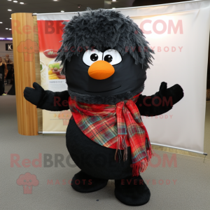 Black Fried Rice mascot costume character dressed with a Flannel Shirt and Scarf clips
