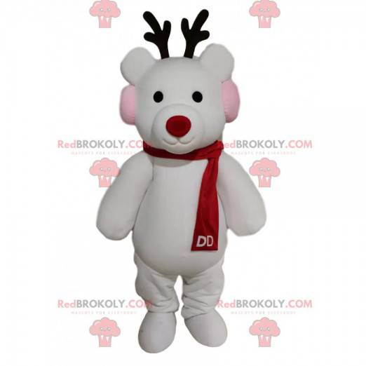 Mascotte de renne blanc avec une écharpe rouge - Redbrokoly.com