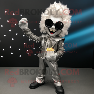 Silver Pop Corn mascot costume character dressed with a Leather Jacket and Hairpins