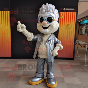 Silver Pop Corn mascot costume character dressed with a Leather Jacket and Hairpins
