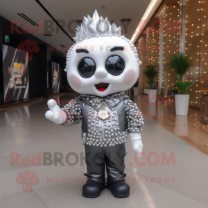 Silver Pop Corn mascot costume character dressed with a Leather Jacket and Hairpins