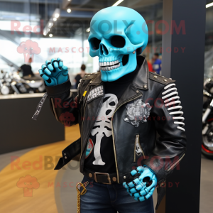 Cyan Skull mascot costume character dressed with a Biker Jacket and Watches