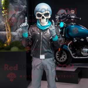 Cyan Skull mascot costume character dressed with a Biker Jacket and Watches