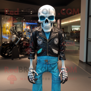 Cyan Skull mascot costume character dressed with a Biker Jacket and Watches