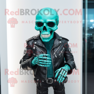 Cyan Skull mascot costume character dressed with a Biker Jacket and Watches