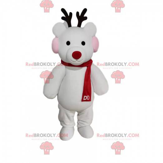 Mascotte de renne blanc avec une écharpe rouge - Redbrokoly.com