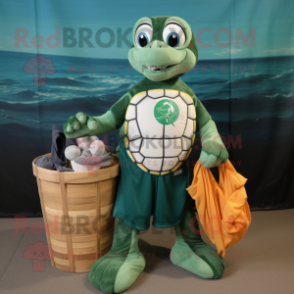 Forest Green Sea Turtle mascot costume character dressed with a Board Shorts and Tote bags