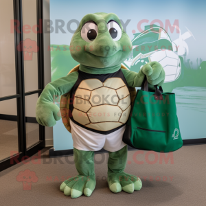 Forest Green Sea Turtle mascot costume character dressed with a Board Shorts and Tote bags