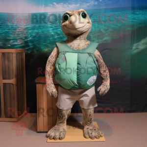 Forest Green Sea Turtle mascot costume character dressed with a Board Shorts and Tote bags