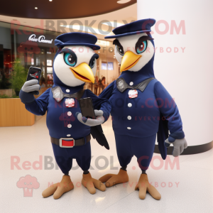 Navy Woodpecker mascot costume character dressed with a Capri Pants and Smartwatches