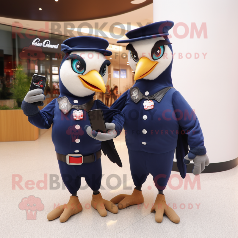 Navy Woodpecker mascot costume character dressed with a Capri Pants and Smartwatches Navy Woodpecker mascot costume character dressed with a Capri Pants and Smartwatches