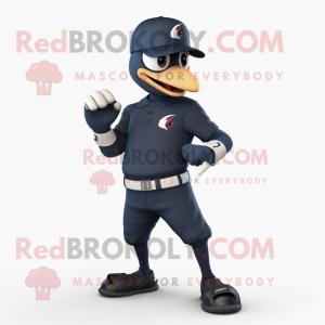 Navy Woodpecker mascot costume character dressed with a Capri Pants and Smartwatches