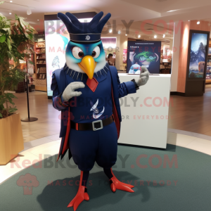 Navy Woodpecker mascot costume character dressed with a Capri Pants and Smartwatches