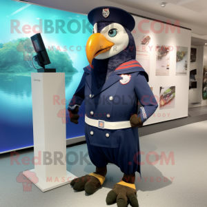 Navy Woodpecker mascot costume character dressed with a Capri Pants and Smartwatches