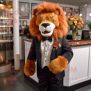 Rust Lion mascot costume character dressed with a Tuxedo and Bow ties