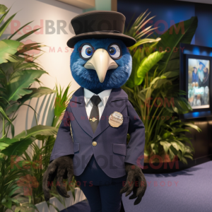 Navy Kiwi mascot costume character dressed with a Suit and Earrings
