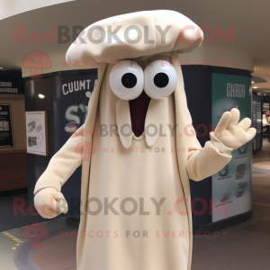 Cream Squid mascot costume character dressed with a Henley Shirt and Mittens