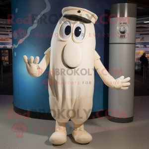 Cream Squid mascot costume character dressed with a Henley Shirt and Mittens