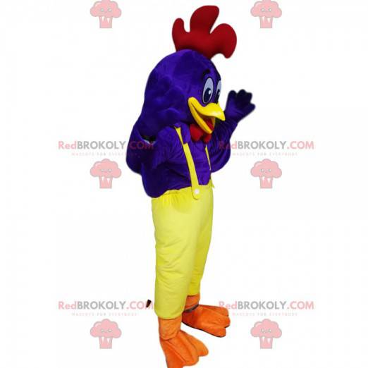 Mascotte de coq bleu avec une salopette jaune - Redbrokoly.com