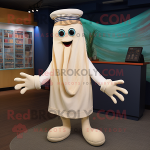 Cream Squid mascot costume character dressed with a Henley Shirt and Mittens