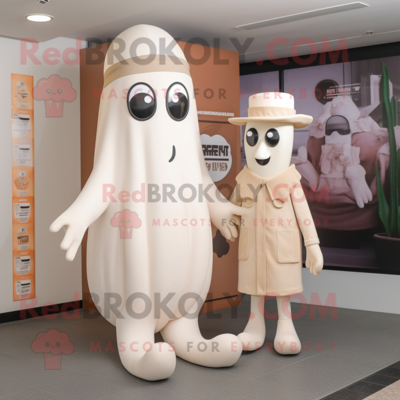 Cream Squid mascot costume character dressed with a Henley Shirt and Mittens Cream Squid mascot costume character dressed with a Henley Shirt and Mittens
