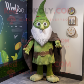 Olive Wizard mascot costume character dressed with a Playsuit and Lapel pins