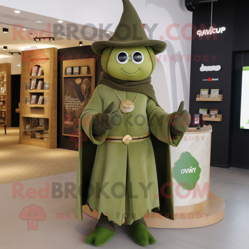 Olive Wizard mascot costume character dressed with a Playsuit and Lapel pins