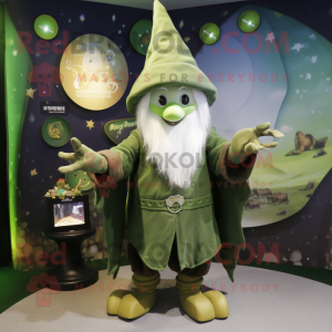 Olive Wizard mascot costume character dressed with a Playsuit and Lapel pins