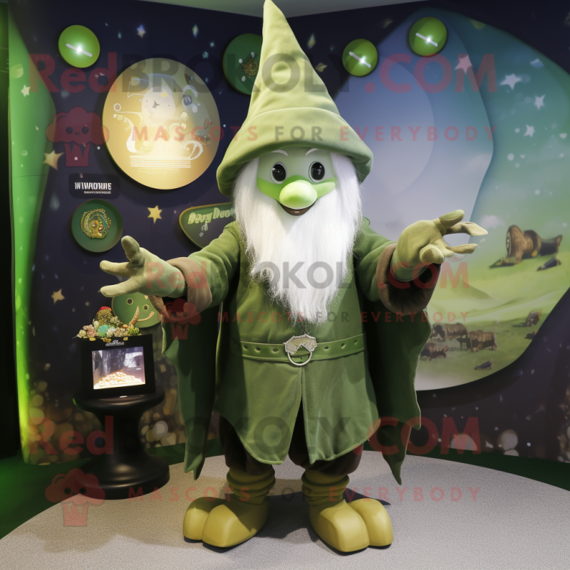 Olive Wizard mascot costume character dressed with a Playsuit and Lapel pins Olive Wizard mascot costume character dressed with a Playsuit and Lapel pins