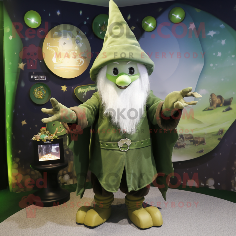 Olive Wizard mascot costume character dressed with a Playsuit and Lapel pins