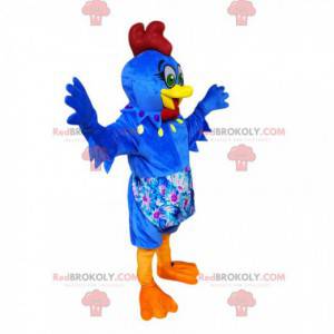 Mascotte de poule bleu avec un tablier à fleurs - Redbrokoly.com