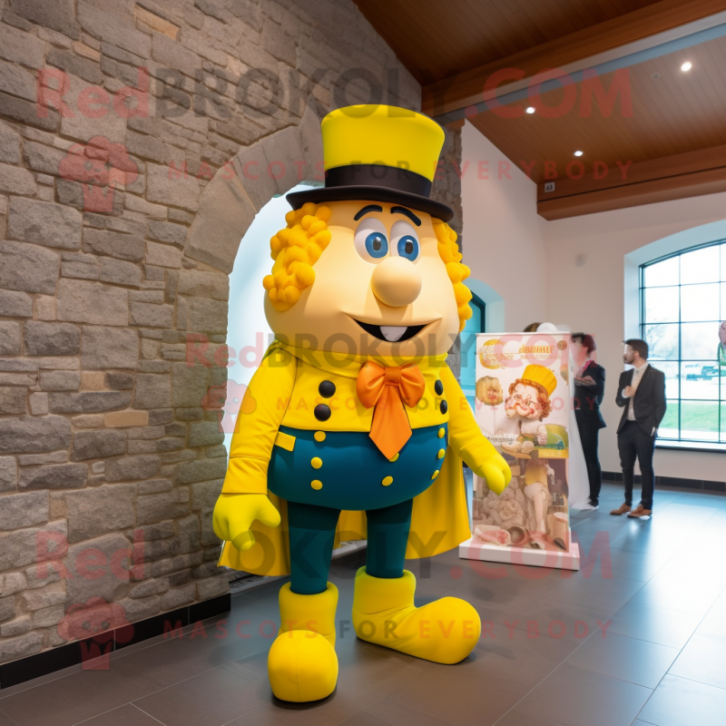 Yellow Irish Castle mascot costume character dressed with a Bootcut Jeans and Bow ties Yellow Irish Castle mascot costume character dressed with a Bootcut Jeans and Bow ties