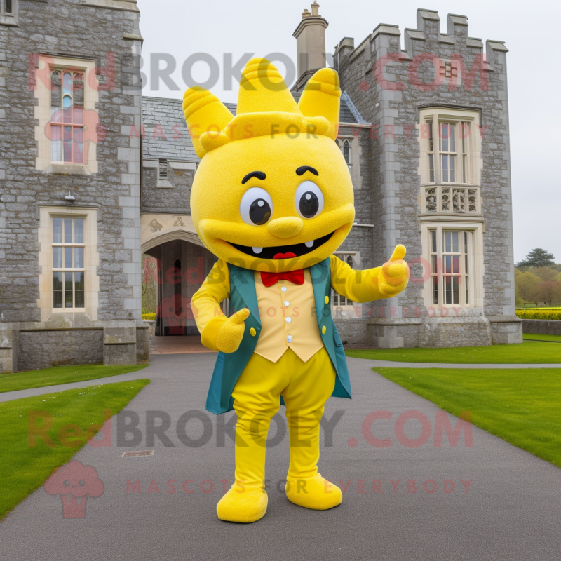 Yellow Irish Castle mascot costume character dressed with a Bootcut Jeans and Bow ties Yellow Irish Castle mascot costume character dressed with a Bootcut Jeans and Bow ties