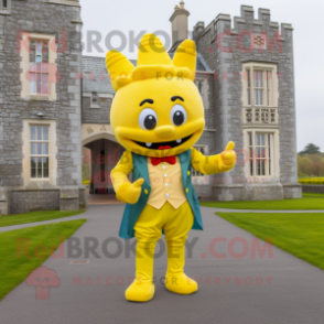 Yellow Irish Castle mascot costume character dressed with a Bootcut Jeans and Bow ties