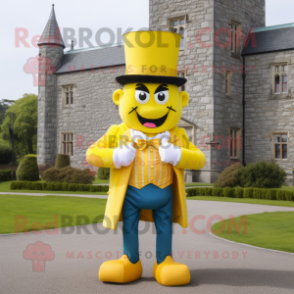 Yellow Irish Castle mascot costume character dressed with a Bootcut Jeans and Bow ties