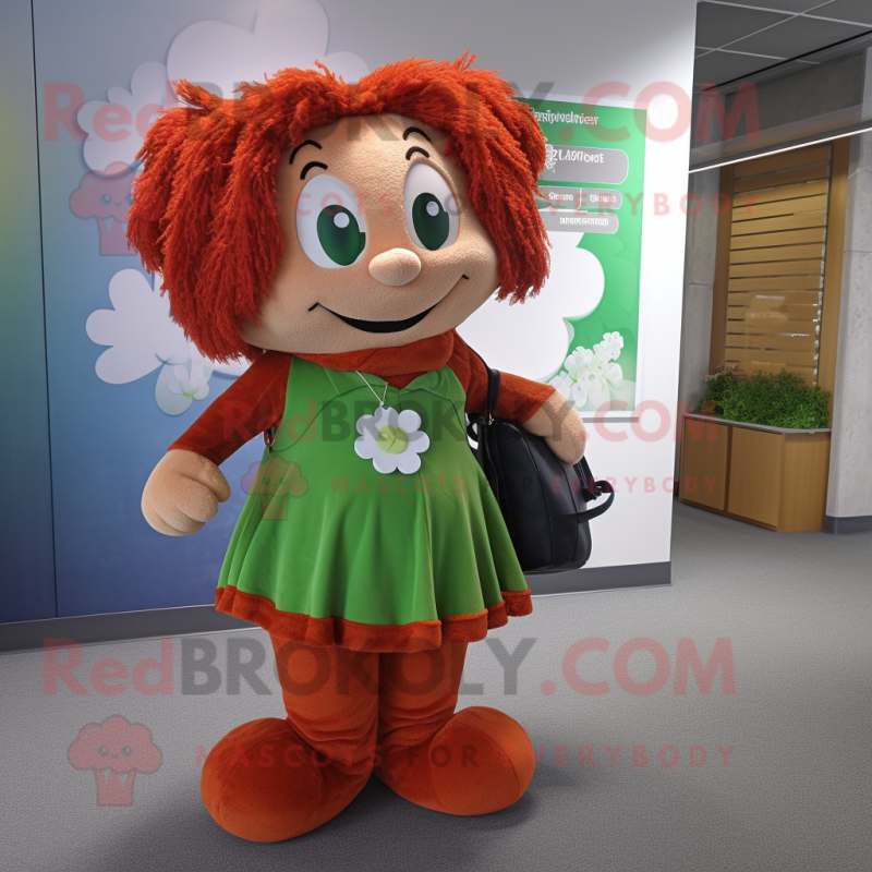 Rust Four Leaf Clover mascot costume character dressed with a Maxi Dress and Backpacks Rust Four Leaf Clover mascot costume character dressed with a Maxi Dress and Backpacks