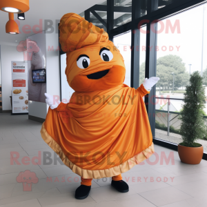 Orange Croissant mascot costume character dressed with a A-Line Dress and Shawl pins