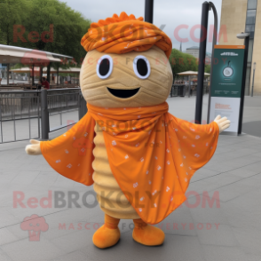 Orange Croissant mascot costume character dressed with a A-Line Dress and Shawl pins