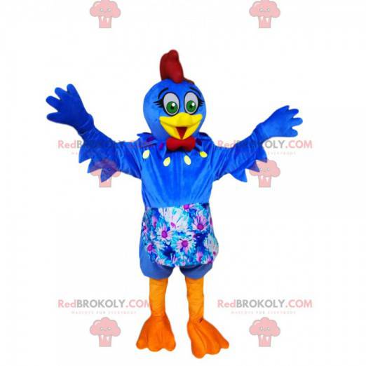 Mascotte de poule bleu avec un tablier à fleurs - Redbrokoly.com