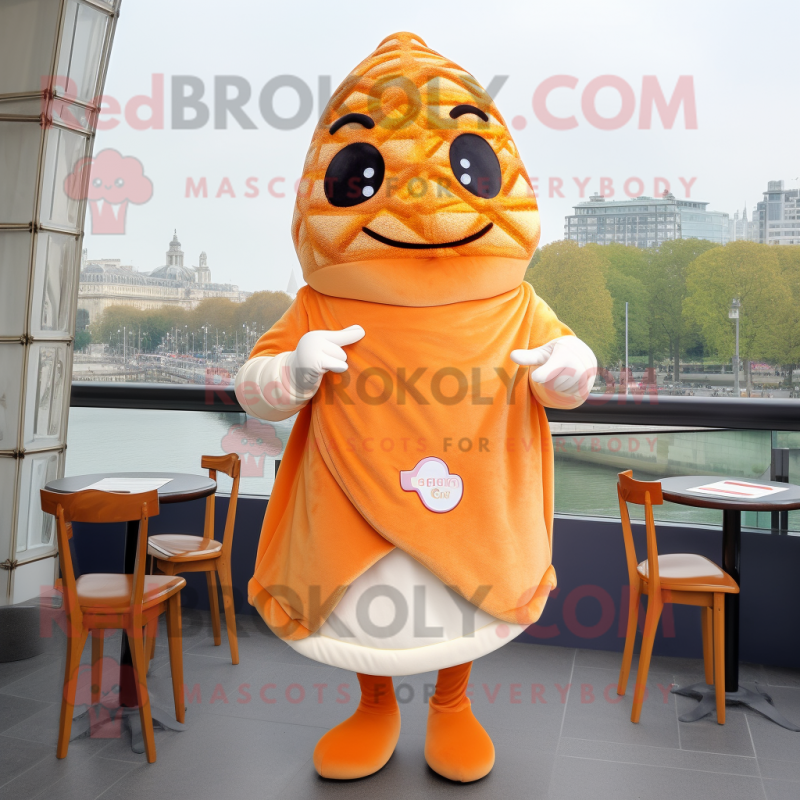 Orange Croissant mascot costume character dressed with a A-Line Dress and Shawl pins Orange Croissant mascot costume character dressed with a A-Line Dress and Shawl pins