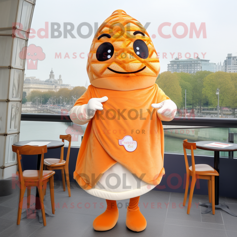 Orange Croissant mascot costume character dressed with a A-Line Dress and Shawl pins