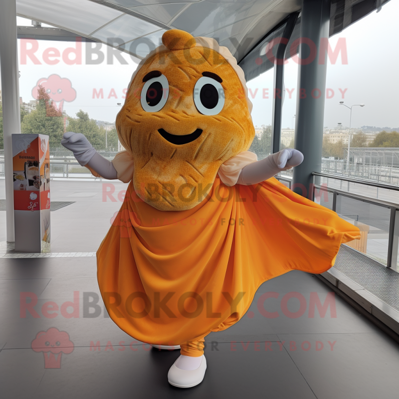 Orange Croissant mascot costume character dressed with a A-Line Dress and Shawl pins